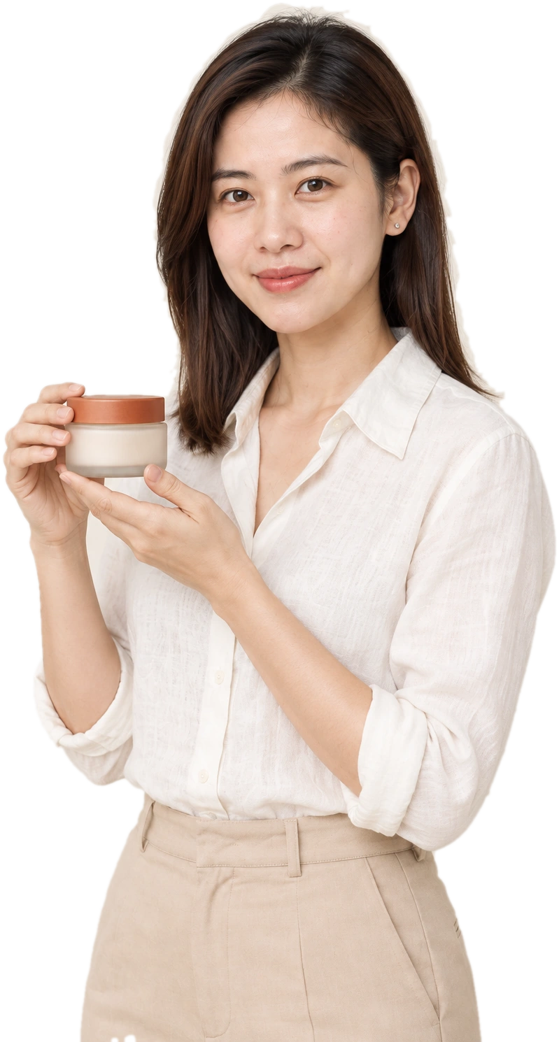 Chiêm Hạ, nhân vật minh hoạ do AI tạo, cầm hũ kem Nắp Đất ngang ngực