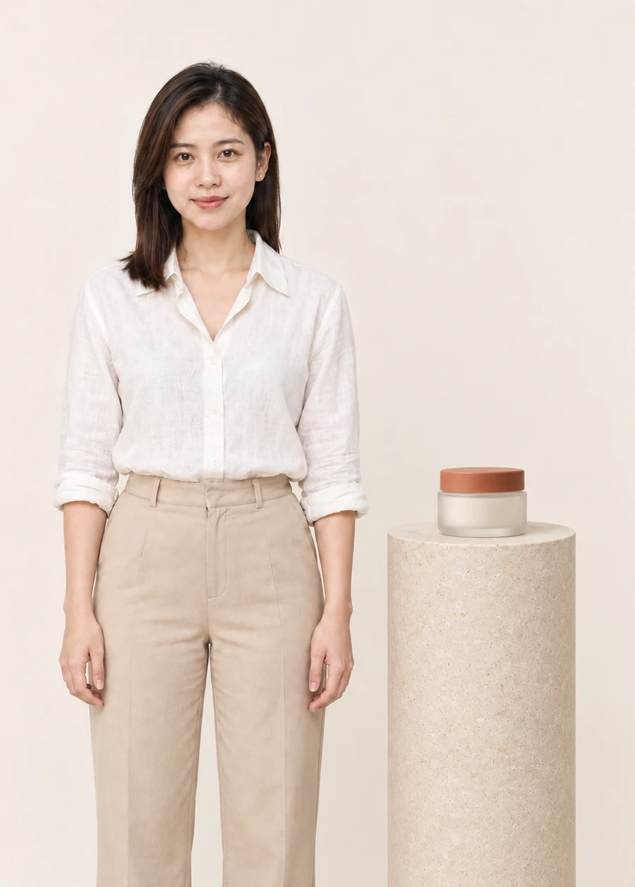 Chiêm Hạ đứng cạnh bục đá có hũ kem Nắp Đất, ảnh minh hoạ